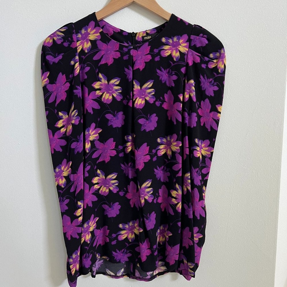 Maje Floral Long Sleeve Blouse — Purple Black Viscose, Back Zip, Size 2